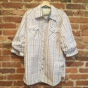Scotch & Soda 3/4 Sleeve Check Windowpane Stacked Sleeve Pearl Snap Shirt